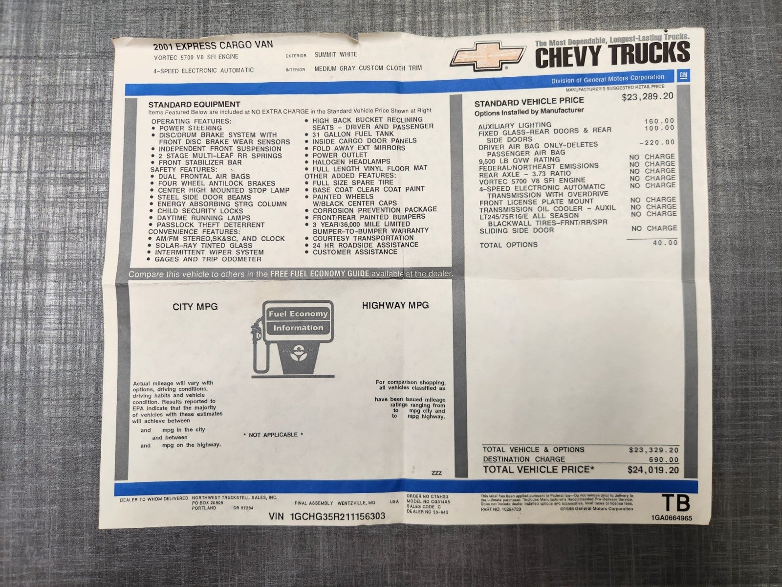 2001 Chevrolet Express 3500 Cargo Van